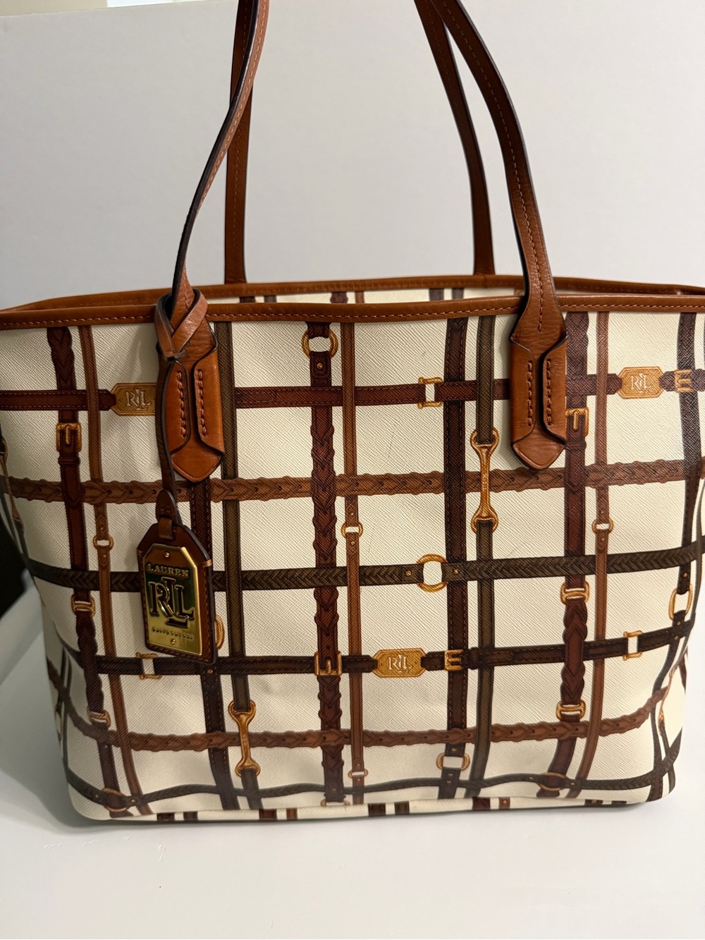Ralph Lauren Cream Canvas Tote with Brown Leather Trim